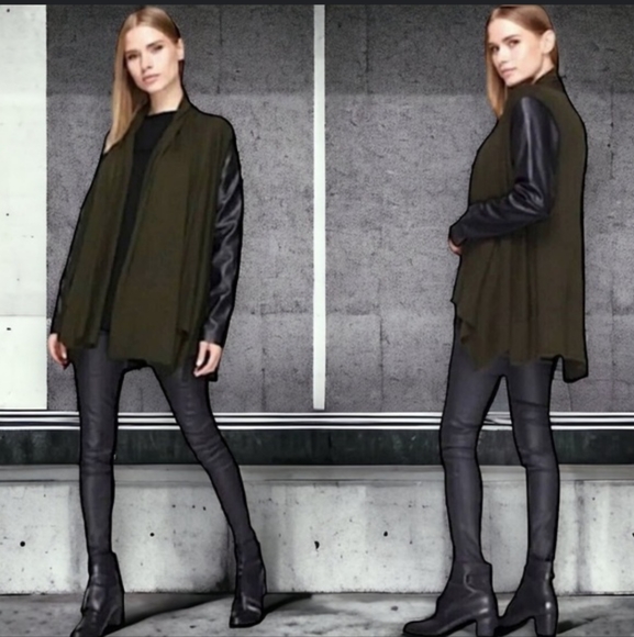 Zara Olive Waterfall Sweater with Black Faux Leather Sleeves - Picture 3 of 7